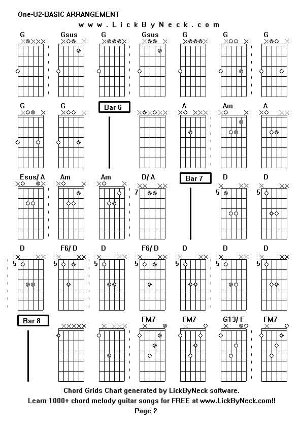 Chord Grids Chart of chord melody fingerstyle guitar song-One-U2-BASIC ARRANGEMENT,generated by LickByNeck software.